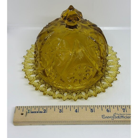 Vintage 80S Amber Glass Butter Dish with Dome Lid – Star & Button Pattern 7"x5" - Picture 7 of 9